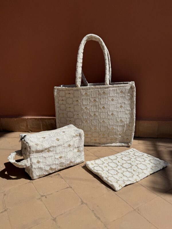 Handgemaakte shopper/toilettas/clutch (Set Wit)