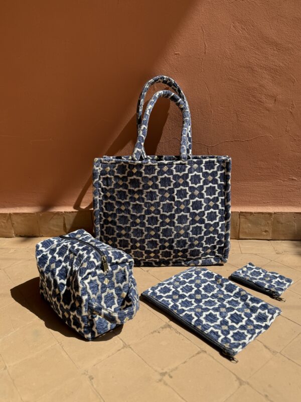 Handgemaakte shopper/toilettas/clutch/portemonnee (Set Denimblauw)